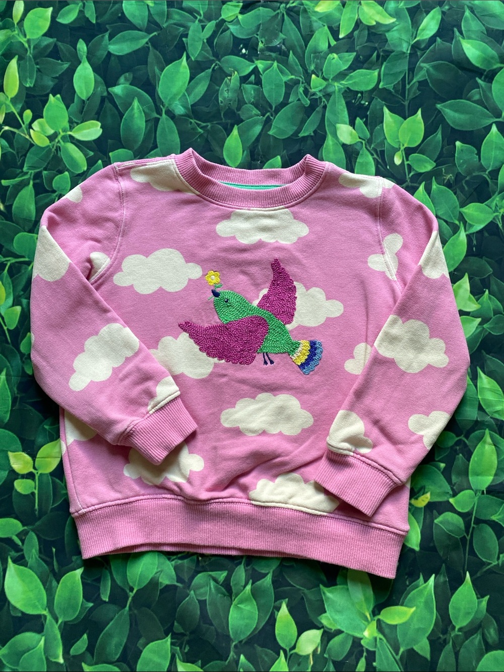 Mini Boden Pink Cloud Bird Embroidered Sweatshirt 3-4